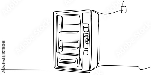 A single continuous line drawing of a commercial vending machine plugged into a wall socket outlet