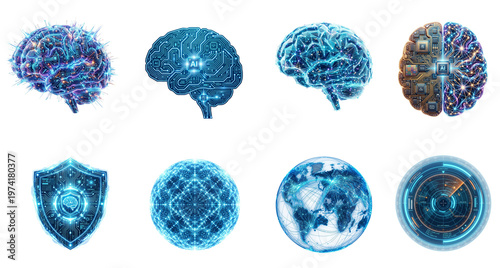 Futuristic AI and Technology Icon set for Data Security and Network