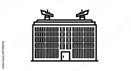 Large building with satellite dishes on roof.