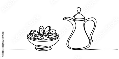A single continuous line drawing featuring an arabic coffee pot and a bowl full of sweet dates