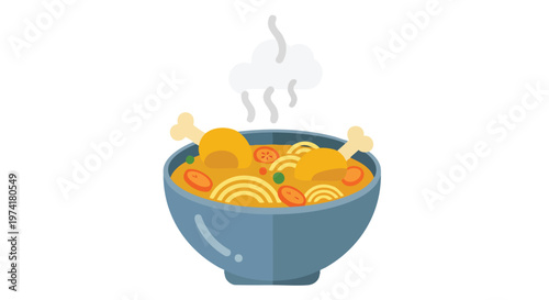 Illustration of a bowl of hot soup with chicken and vegetables, with steam rising from it. The bowl is gray