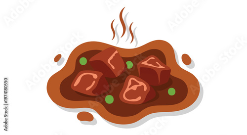 A cartoon illustration of a savory dish, showcasing dark-colored cubes on a layered plate, with green peas, and steam