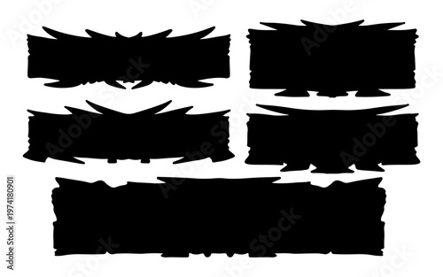 Collection of five abstract black jagged banner shapes with sharp edges, suitable for graphic design elements.