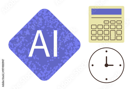 Automation, time management, data processing, AI analytics, business solutions, digital innovation. Geometric symbol with AI text, calculator and clock. Automation and time management concept