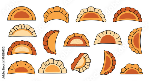 A collection of stylized, illustrated, half-moon shaped food items, possibly dumplings, in various angles and arrangements. They feature a simplified, cartoony design with shades of orange and cream