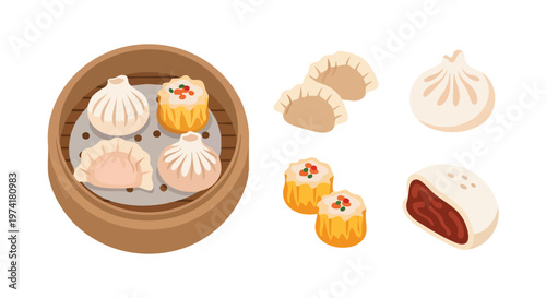 A set of delicious, colorful steamed foods, including dumplings and buns, presented with a bamboo steamer on a white background