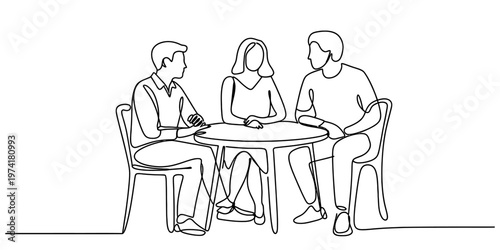 A continuous line drawing of three people sitting at a table engaged in a casual conversation.