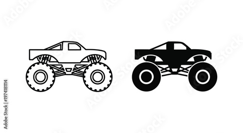 Two monster trucks one outlined and one solid in black and white silhouette