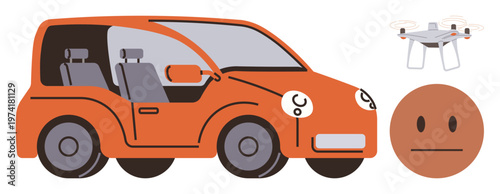 Autonomous vehicles, quadcopter technology, artificial intelligence, advanced robotics, automation, transportation innovation. Orange self-driving car, Quadcopter and neutral face. Autonomous