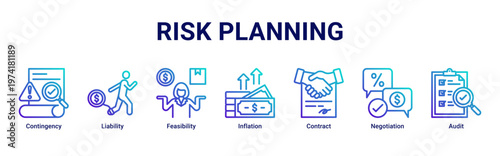 Risk Planning web banner icon vector illustration with icons of Contingency,Liability,Feasibility,Inflation,Contract,Negotiation and Audit