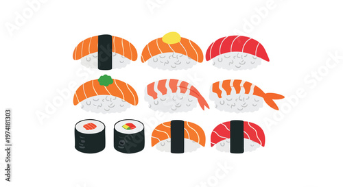 Illustration showcases nine pieces of a Japanese dish, featuring variations of rice with toppings. There are nigiri and maki rolls with different seafood