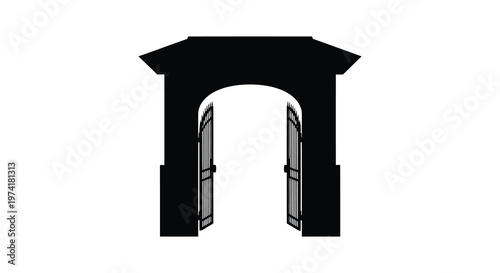 Black gateway with open doors depicted as a striking silhouette
