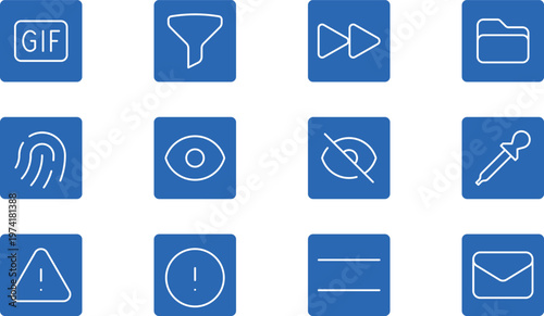 Set of 12 blue UI and interface icons with folder and eye.