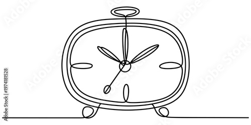 A minimalist single continuous line drawing illustration depicting a classic retro alarm clock.