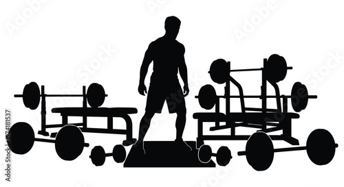 A strong man lifting weights in a gym depicted in silhouette
