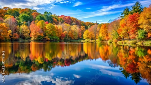 Serene autumnal landscape reflecting in tranquil waters, showcasing vibrant foliage and a picturesque sky