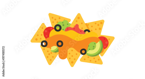 A vector illustration depicts a serving of tortilla chips covered with toppings, including yellow cheese, guacamole, and olives