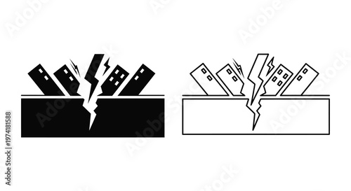 Earthquake damage to buildings depicted in contrasting black and white silhouette