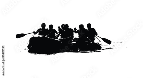 A group of rowers in an inflatable boat dramatic black silhouette