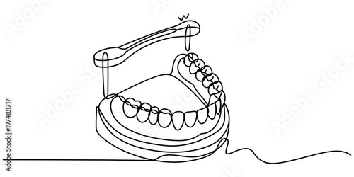 Continuous line drawing of a dental model showing a set of teeth with a custom metal attachment