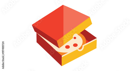 Isometric illustration of a pizza slice inside an open cardboard box, depicted using vibrant, geometric flat design