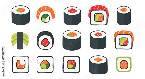A collection of stylized, colorful sushi illustrations on a white background, including rolls with various fillings like salmon and avocado