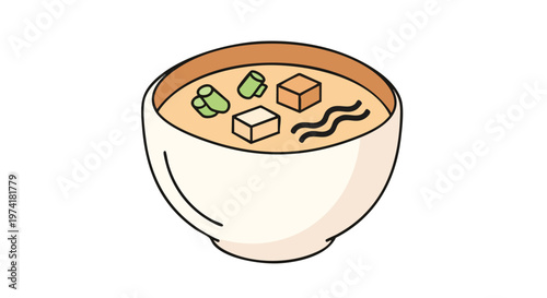 A simple, illustrated bowl of food, likely soup, with visible ingredients and wave-like shapes. The bowl has rounded shapes and is white