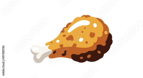 A simplified, cartoon illustration of a chicken drumstick. It features a bone and a flavorful, fried coating. The illustration is flat