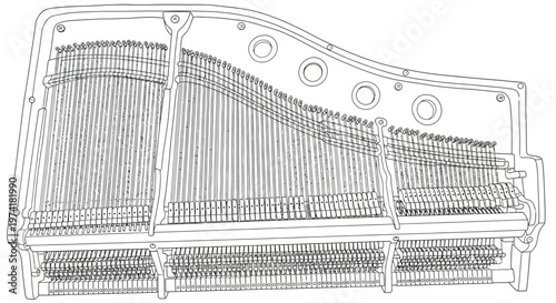 Detailed line drawing of a grand piano's internal string and tuning pin mechanism, showcasing its intricate musical instrument components.