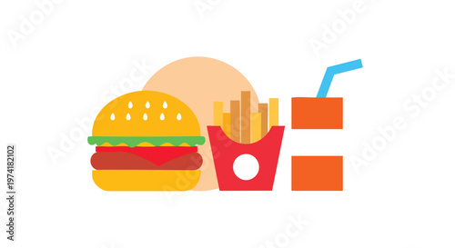 A vibrant, flat vector illustration featuring a burger, french fries in a red container, and a drink with a straw against a neutral backdrop