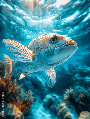 Fish swims toward the camera, facing directly