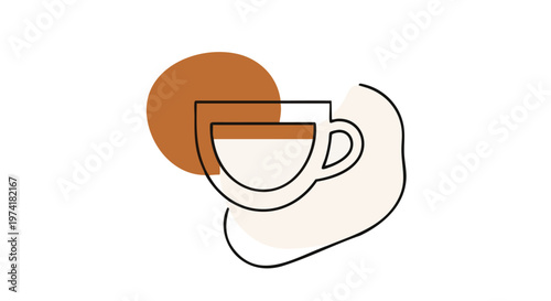 A minimalist illustration of a coffee cup with a minimalist saucer and a circular orange-brown background. Simple lines