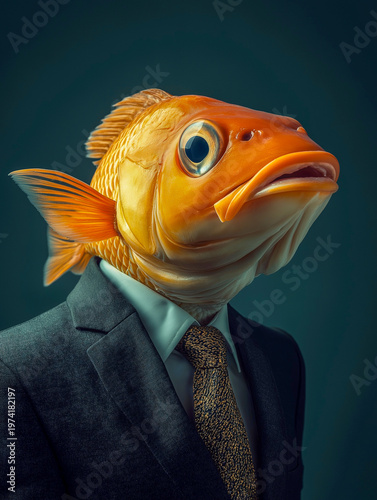 Goldfish head on a suited human body
