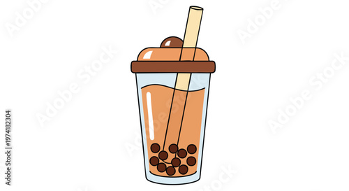 A cartoon illustration of a tall beverage with a brown lid, drink, and straw. Includes brown tapioca pearls at the bottom