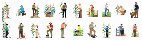A collection of diverse agricultural scientists and farmers conducting research and monitoring corn crops in a field using various modern and traditional tools.