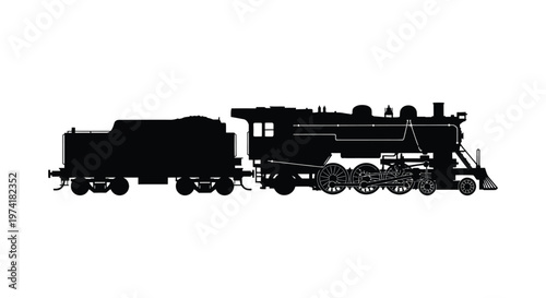 Vintage steam locomotive illustration depicted in a striking black silhouette