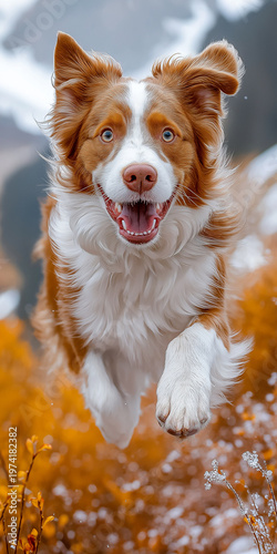 Dog jumps through snow-dusted autumn grass