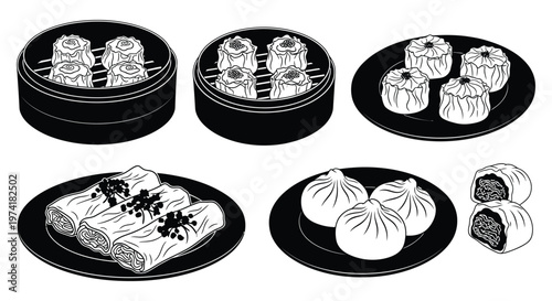 Black and white dim sum assortment in stacked steamers a striking silhouette