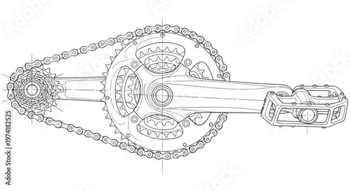 Technical blueprint drawing of a bicycle crankset, chain, and pedal.