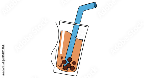 An illustrated beverage in a clear glass features a blue straw. The drink has brown liquid with brown spheres at the base