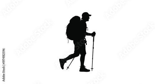 Hiker with backpack and trekking poles walking stark black silhouette