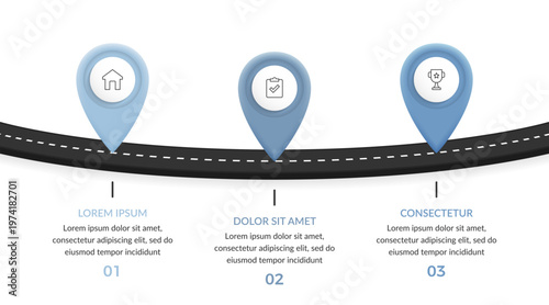 Business roadmap infographic template with three location pins on curved road