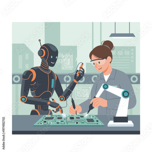 Concept flat vector illustration of manufacturing and AI robots.
