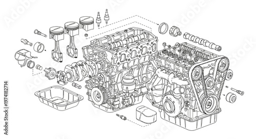 Exploded view of a complex internal combustion engine showing all its individual components.