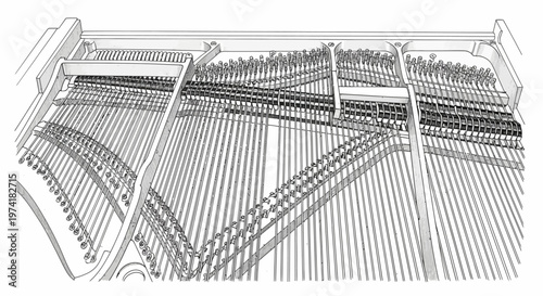 Detailed technical illustration of a grand piano's internal stringing system and cast iron frame.