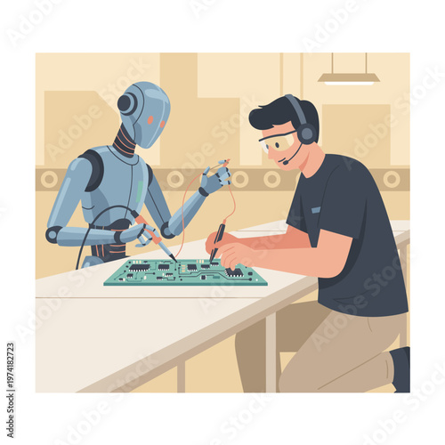 Concept flat vector illustration of manufacturing and AI robots.