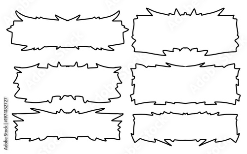 Six distinct black and white outline frames with jagged and spiky borders, ideal for graphic design elements.