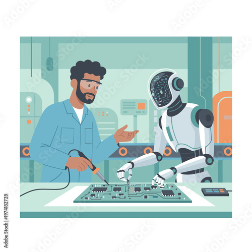 Concept flat vector illustration of manufacturing and AI robots.