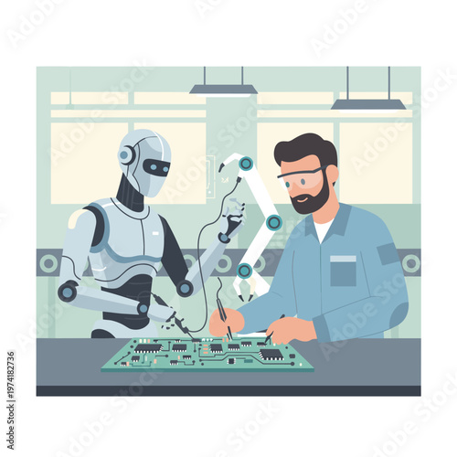 Concept flat vector illustration of manufacturing and AI robots.