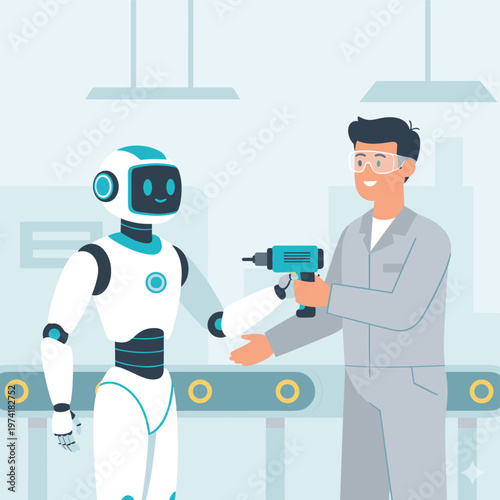 Concept flat vector illustration of manufacturing and AI robots.